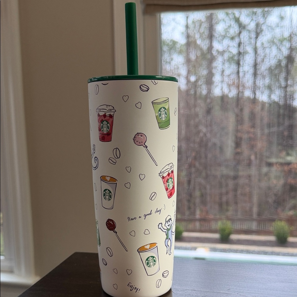NEW Starbucks + Roller Rabbit Collab White Tumbler with Green Straw